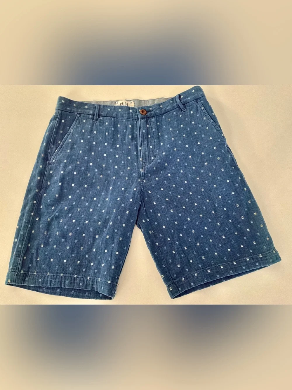 PAIGE Mens Blue Printed Cotton Chino Shorts Size 32 Casual Summer Flat Front